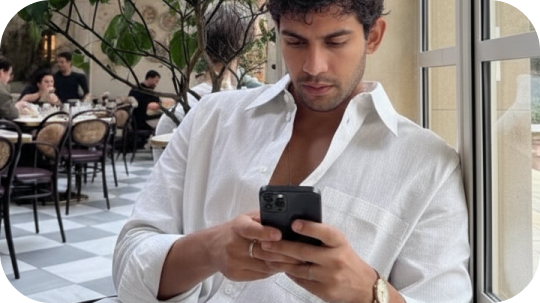 Hombre en un restaurante revisando el menú digital de Alergenu en su smartphone.